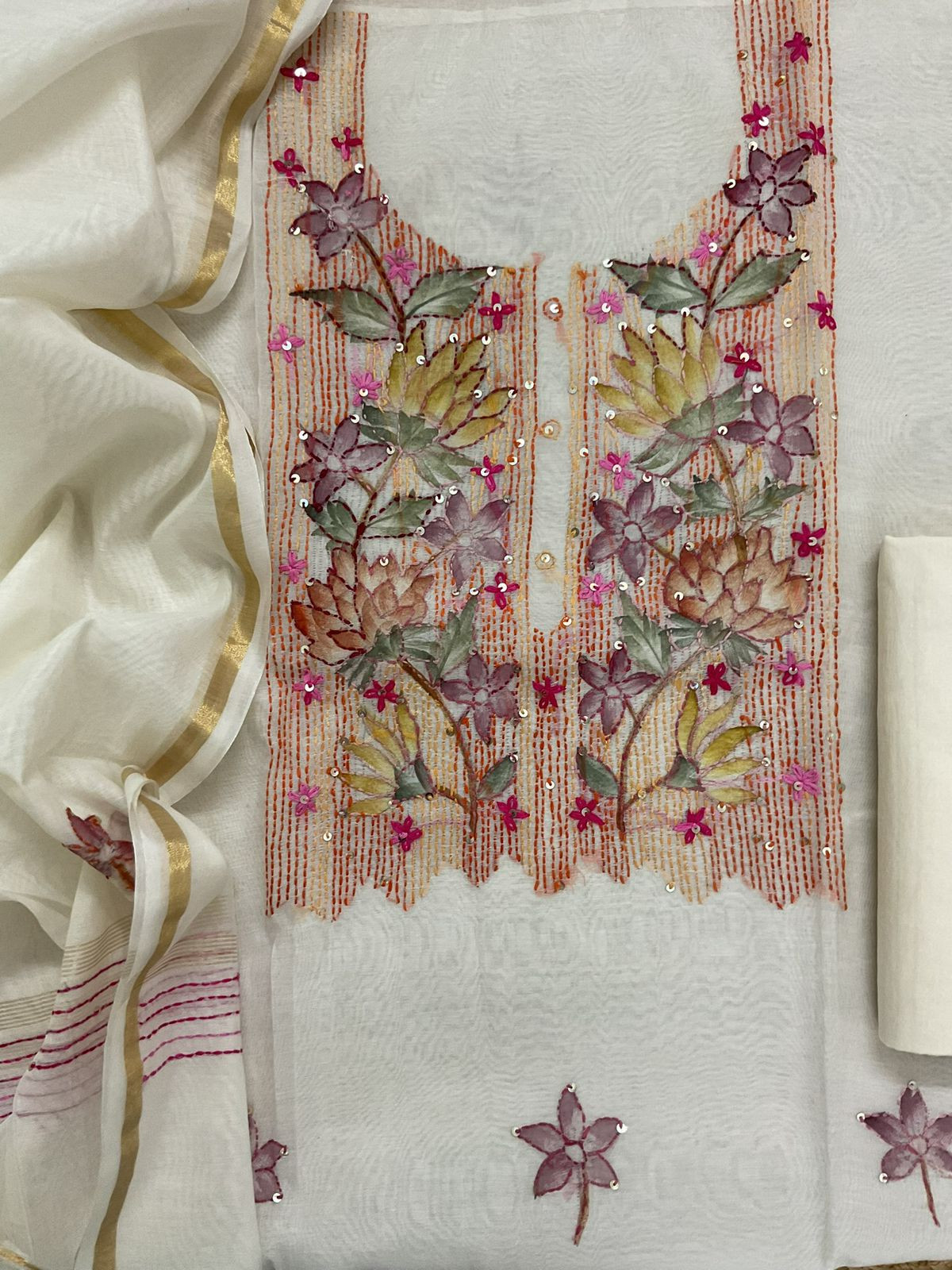 Soft Chanderi Brush Painted Embroidered Suit - Off White