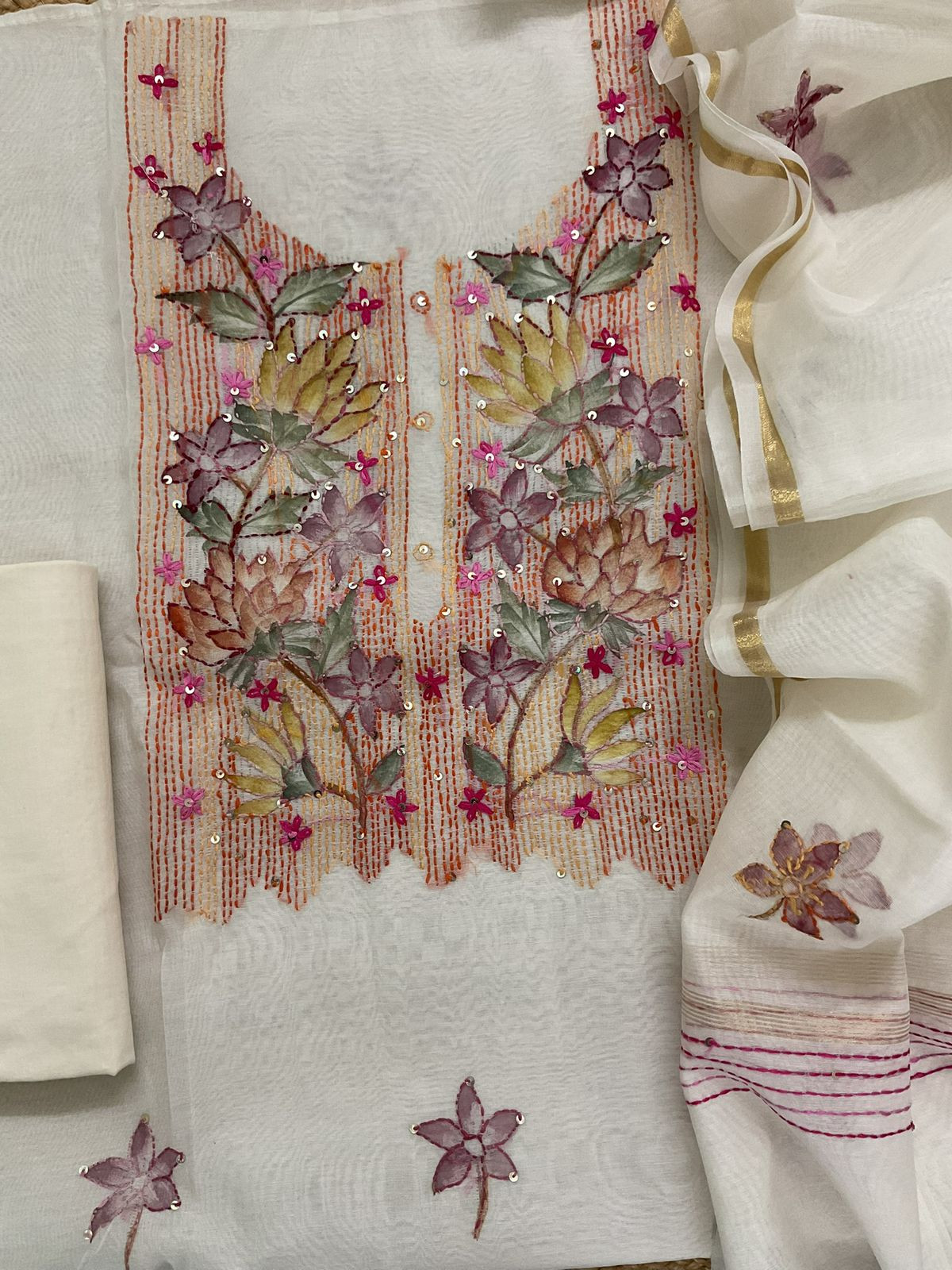 Soft Chanderi Brush Painted Embroidered Suit - Off White