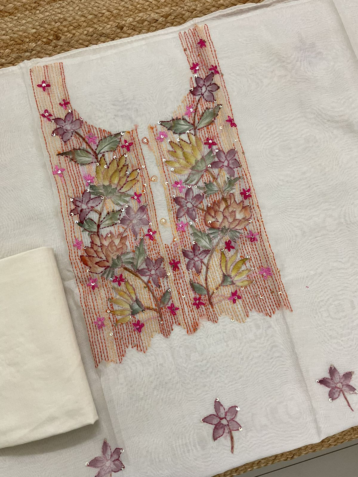 Soft Chanderi Brush Painted Embroidered Suit - Off White