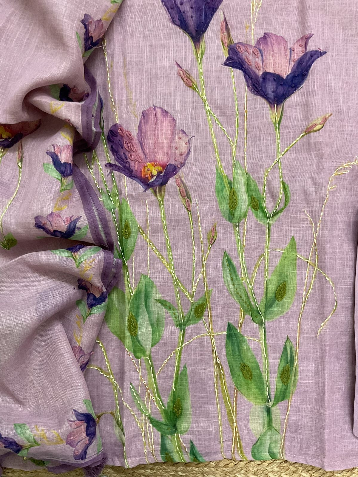 Soft Linen Jute Cotton Printed Embroidered Suit - Lavender