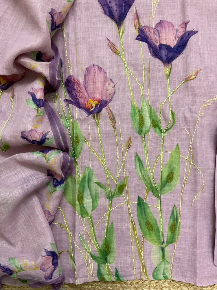Image of Soft Linen Jute Cotton Printed Embroidered Suit - Lavender