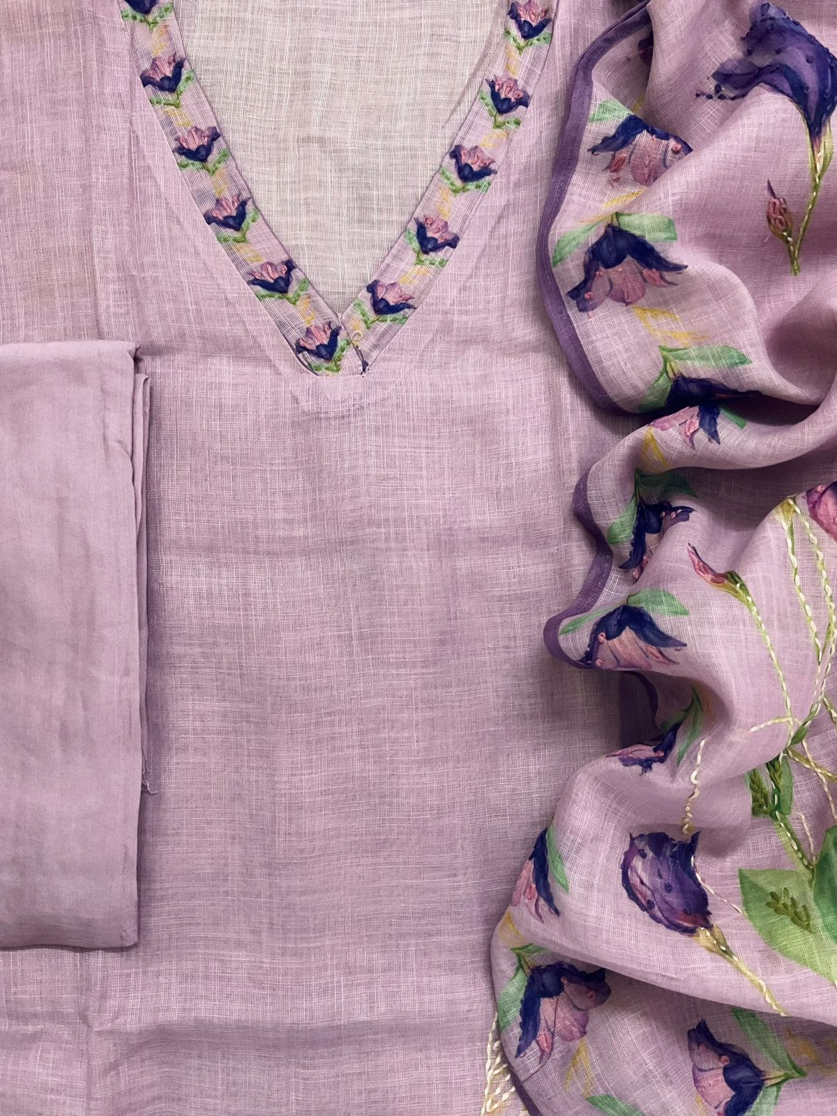 Soft Linen Jute Cotton Printed Embroidered Suit - Lavender