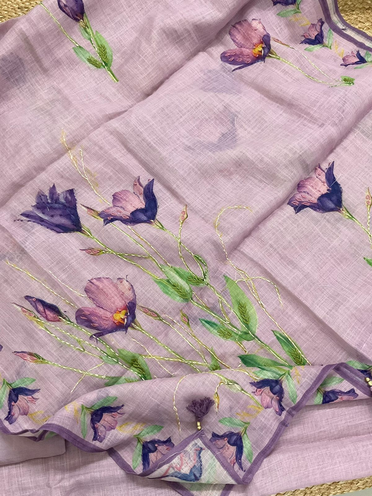 Soft Linen Jute Cotton Printed Embroidered Suit - Lavender