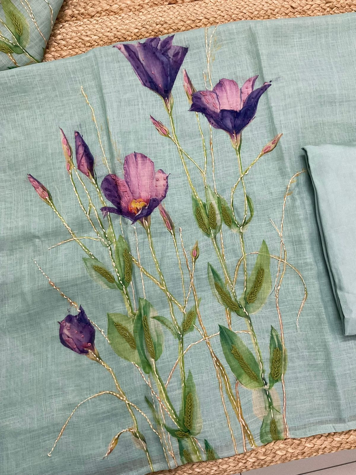 Soft Linen Jute Cotton Printed Embroidered Suit - Blue