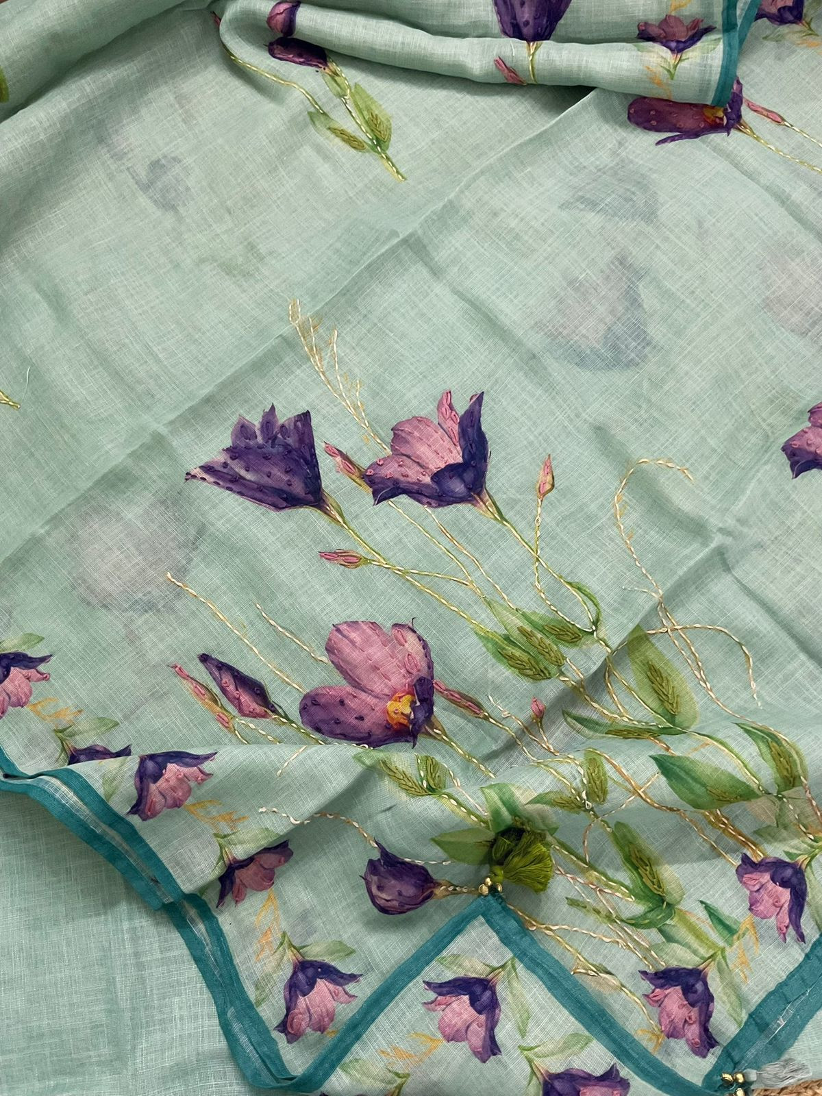 Soft Linen Jute Cotton Printed Embroidered Suit - Blue