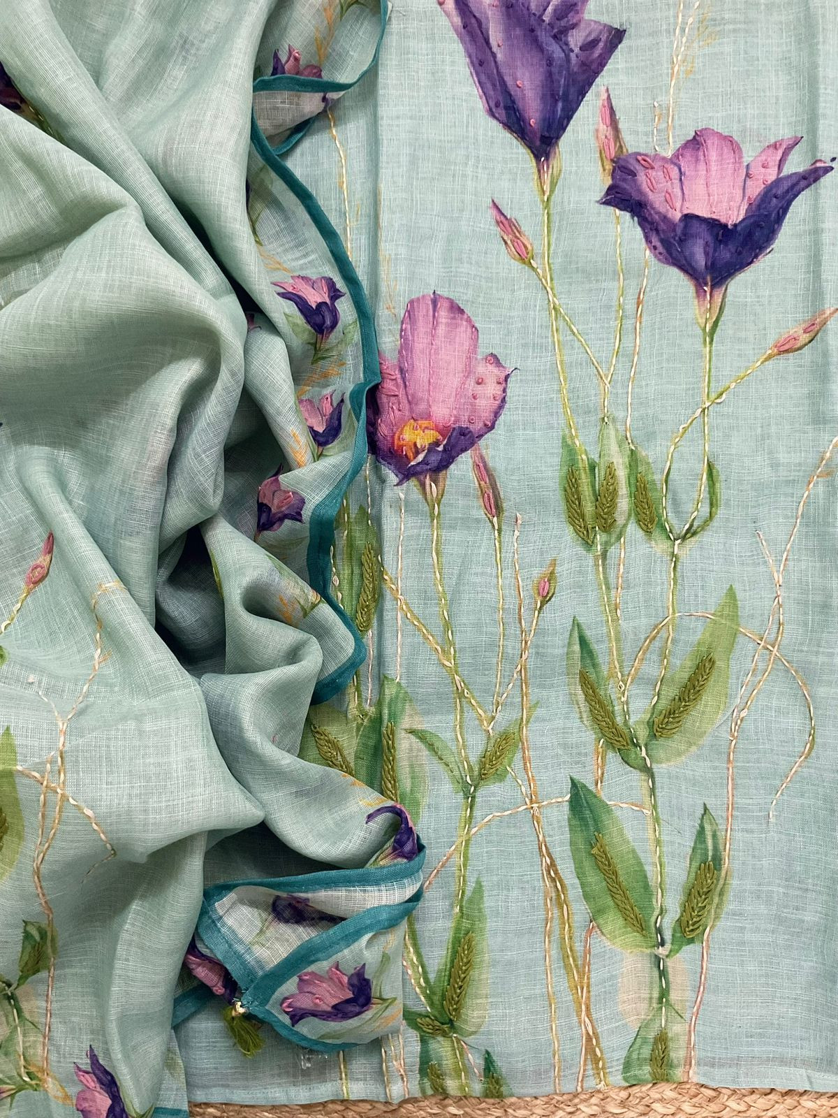 Soft Linen Jute Cotton Printed Embroidered Suit - Blue