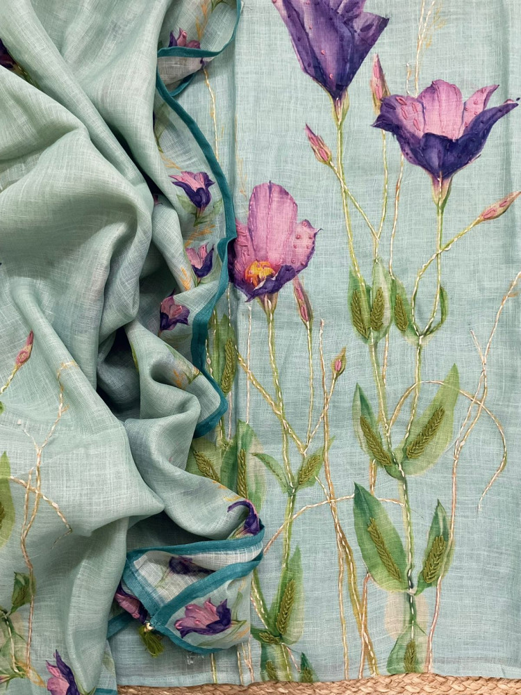 Image of Soft Linen Jute Cotton Printed Embroidered Suit - Blue
