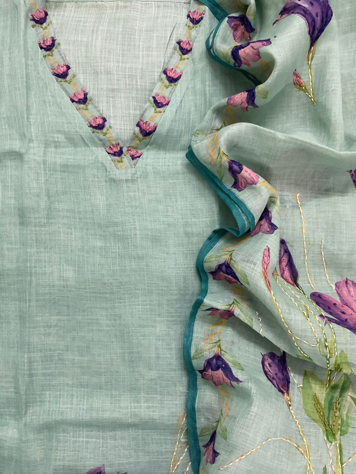 Soft Linen Jute Cotton Printed Embroidered Suit - Blue