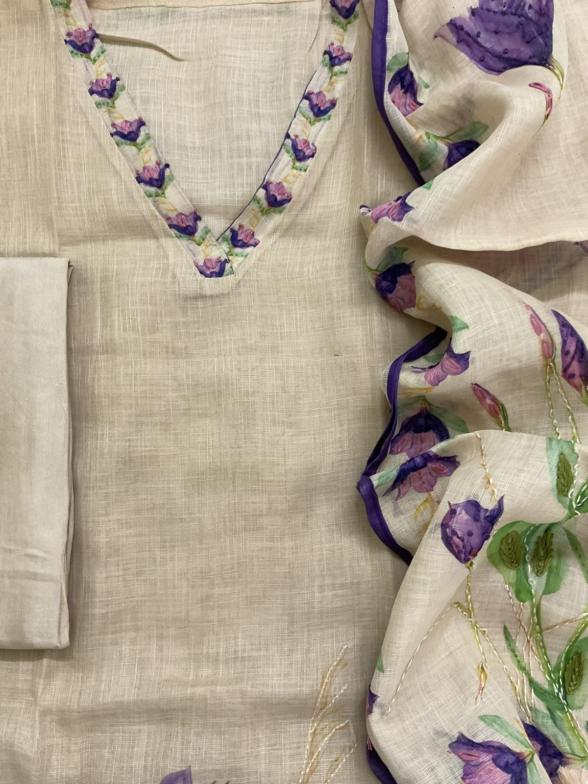 Soft Linen Jute Cotton Printed Embroidered Suit - Beige