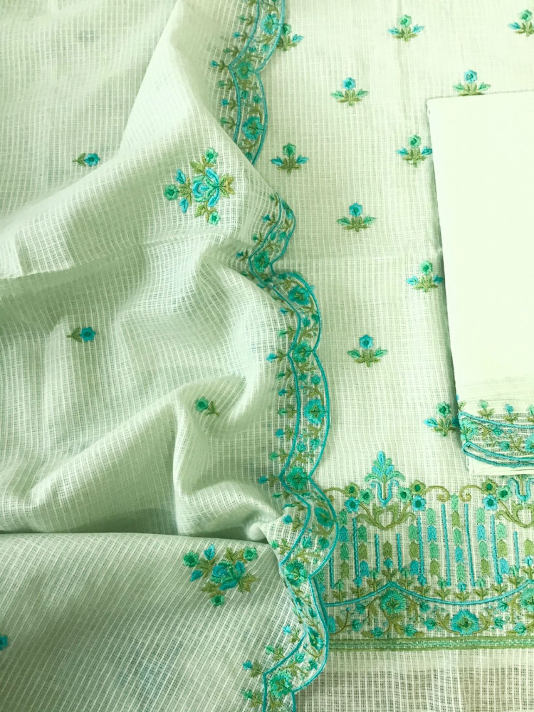 Image of Pure Kota Cotton Embroidered Suit - Green