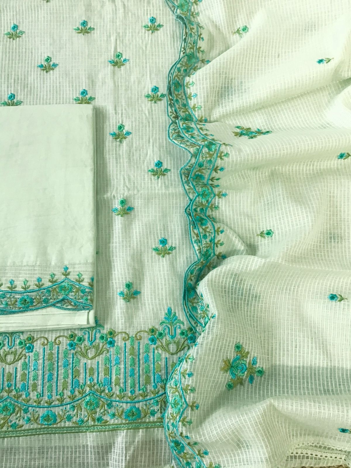 Pure Kota Cotton Embroidered Suit - Green