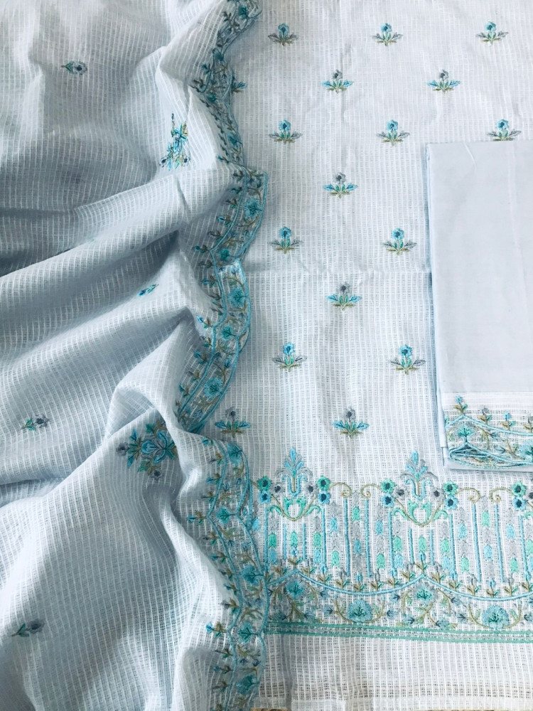 Image of Pure Kota Cotton Embroidered Suit - Grey