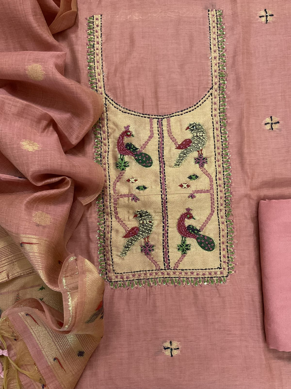 Soft Kora Chanderi Paithani Style Weaved Embroidered Suit - Onion Pink