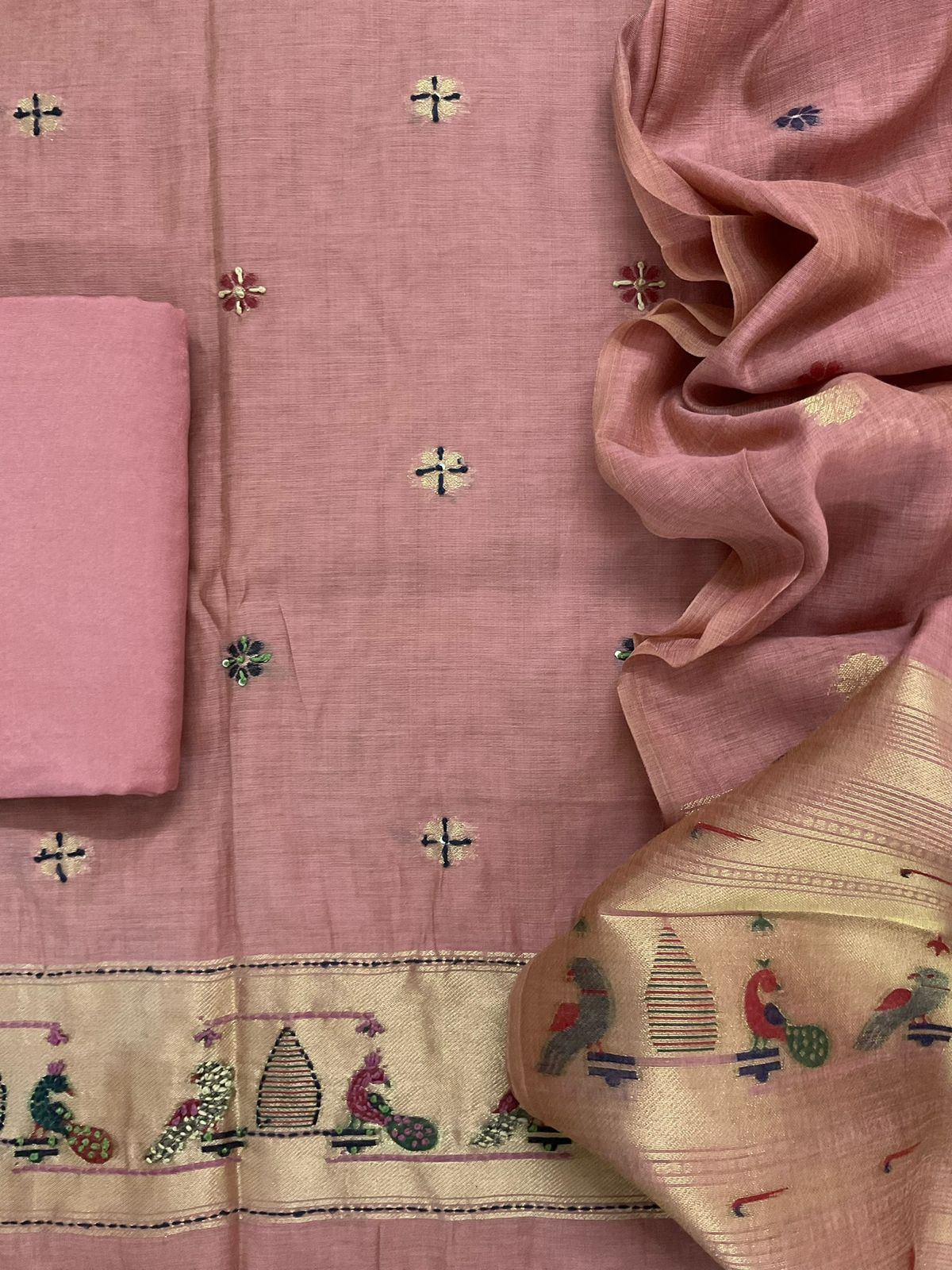 Soft Kora Chanderi Paithani Style Weaved Embroidered Suit - Onion Pink