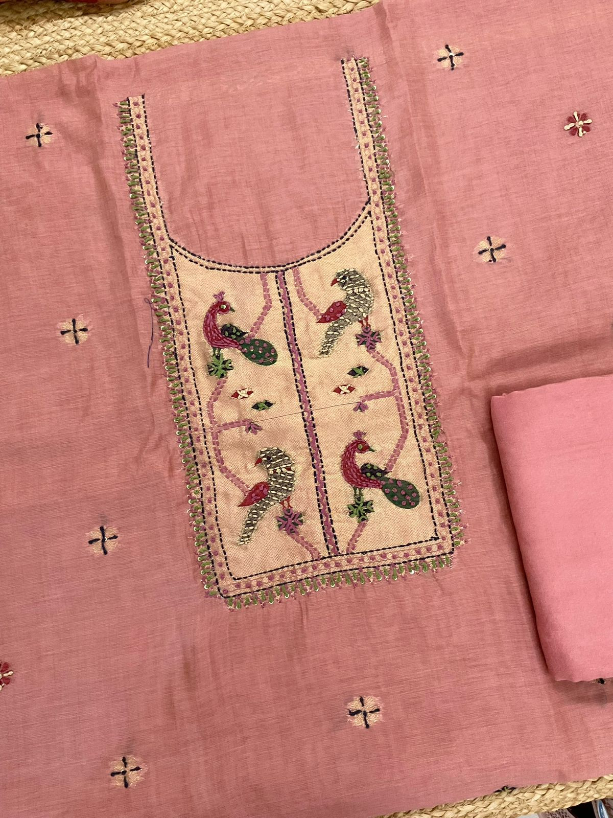 Soft Kora Chanderi Paithani Style Weaved Embroidered Suit - Onion Pink