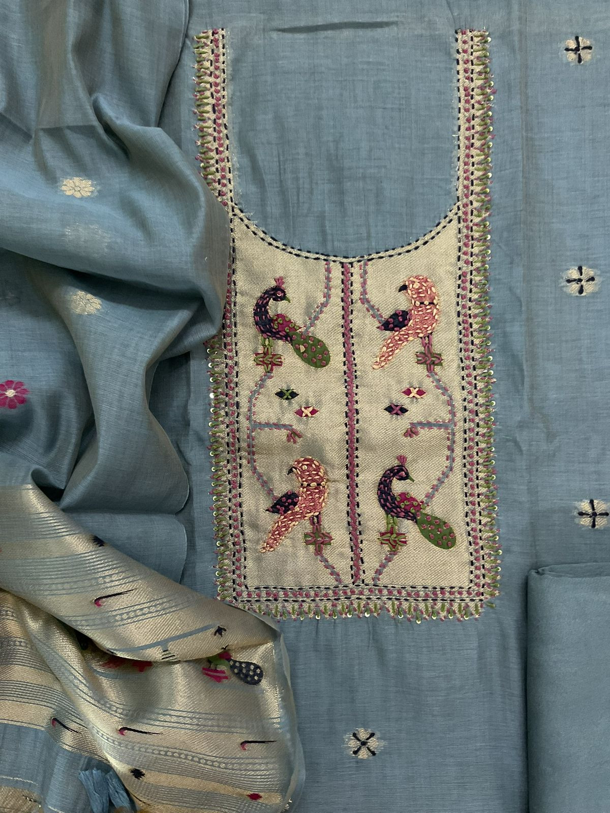 Soft Kora Chanderi Paithani Style Weaved Embroidered Suit - Blue