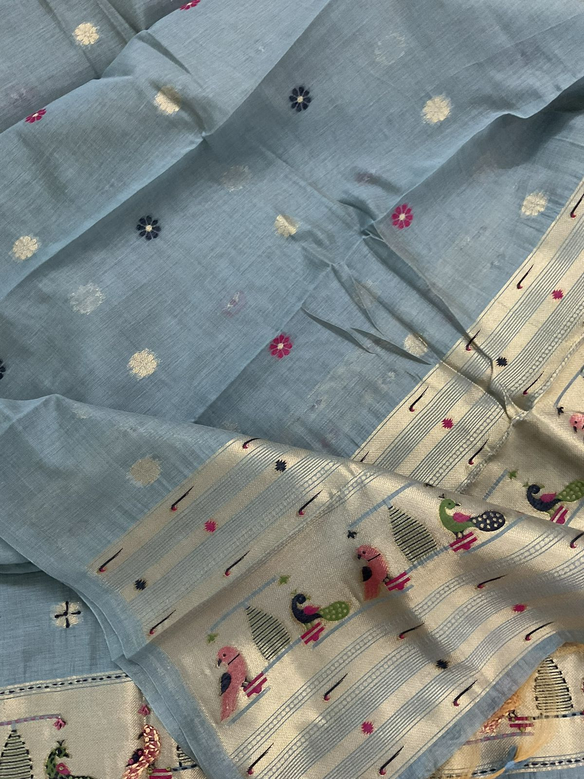 Soft Kora Chanderi Paithani Style Weaved Embroidered Suit - Blue
