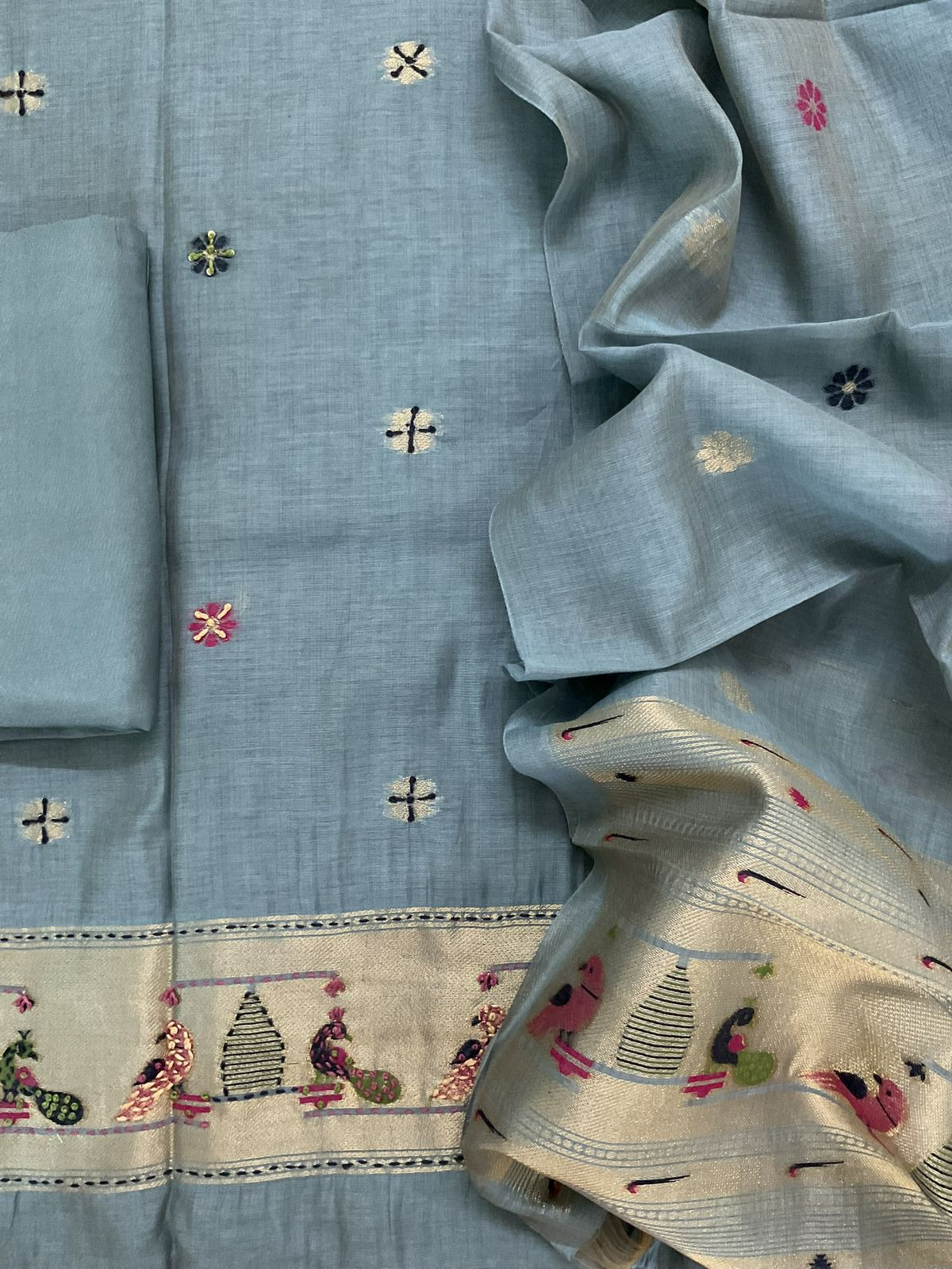 Soft Kora Chanderi Paithani Style Weaved Embroidered Suit - Blue