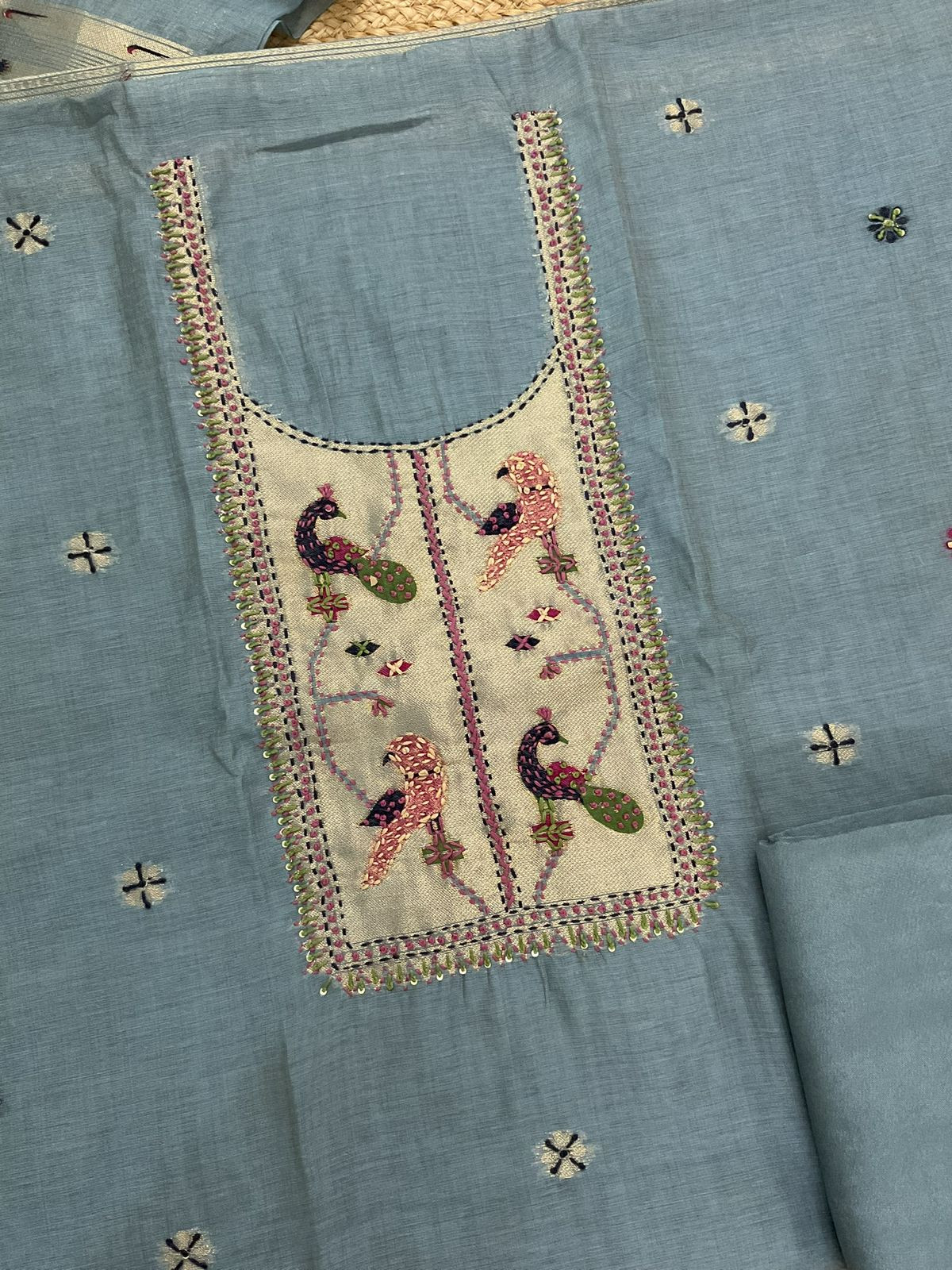 Soft Kora Chanderi Paithani Style Weaved Embroidered Suit - Blue