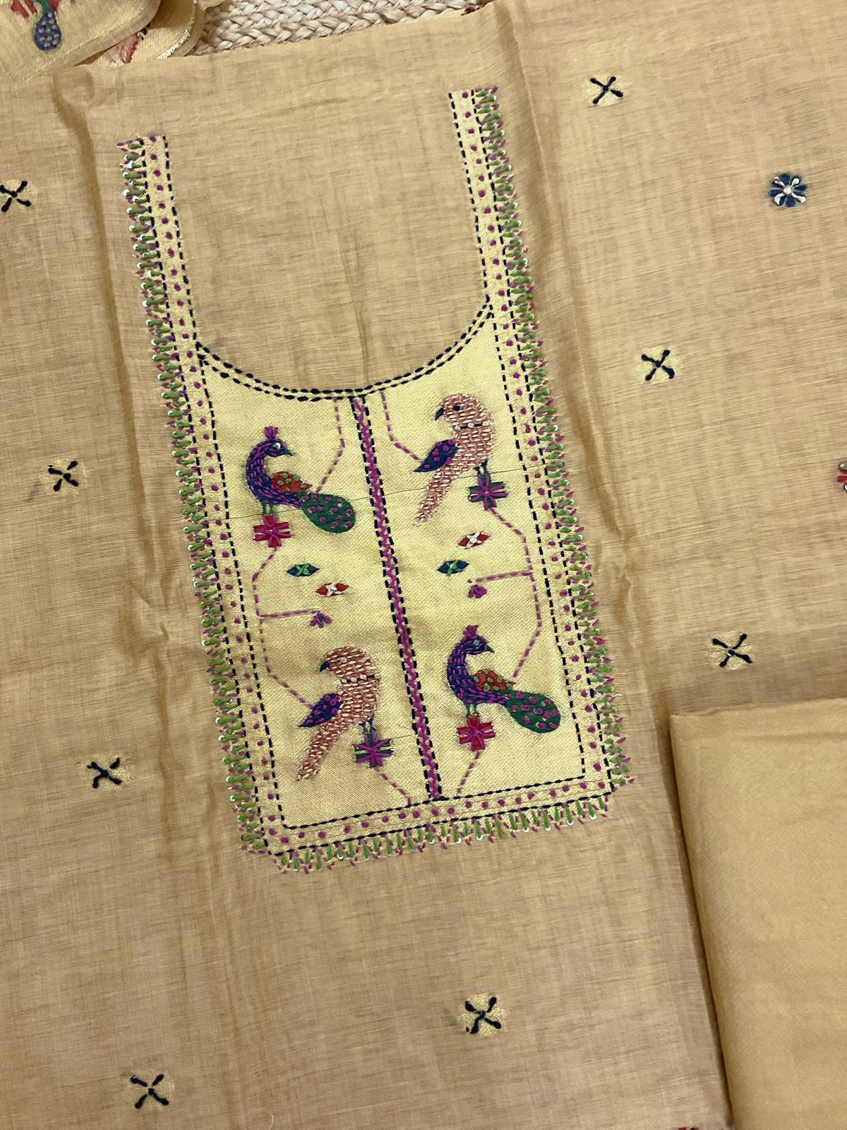 Soft Kora Chanderi Paithani Style Weaved Embroidered Suit - Mustard