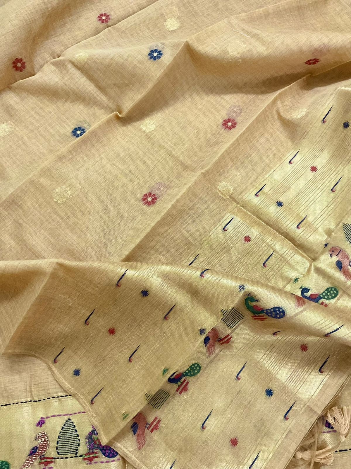 Soft Kora Chanderi Paithani Style Weaved Embroidered Suit - Mustard