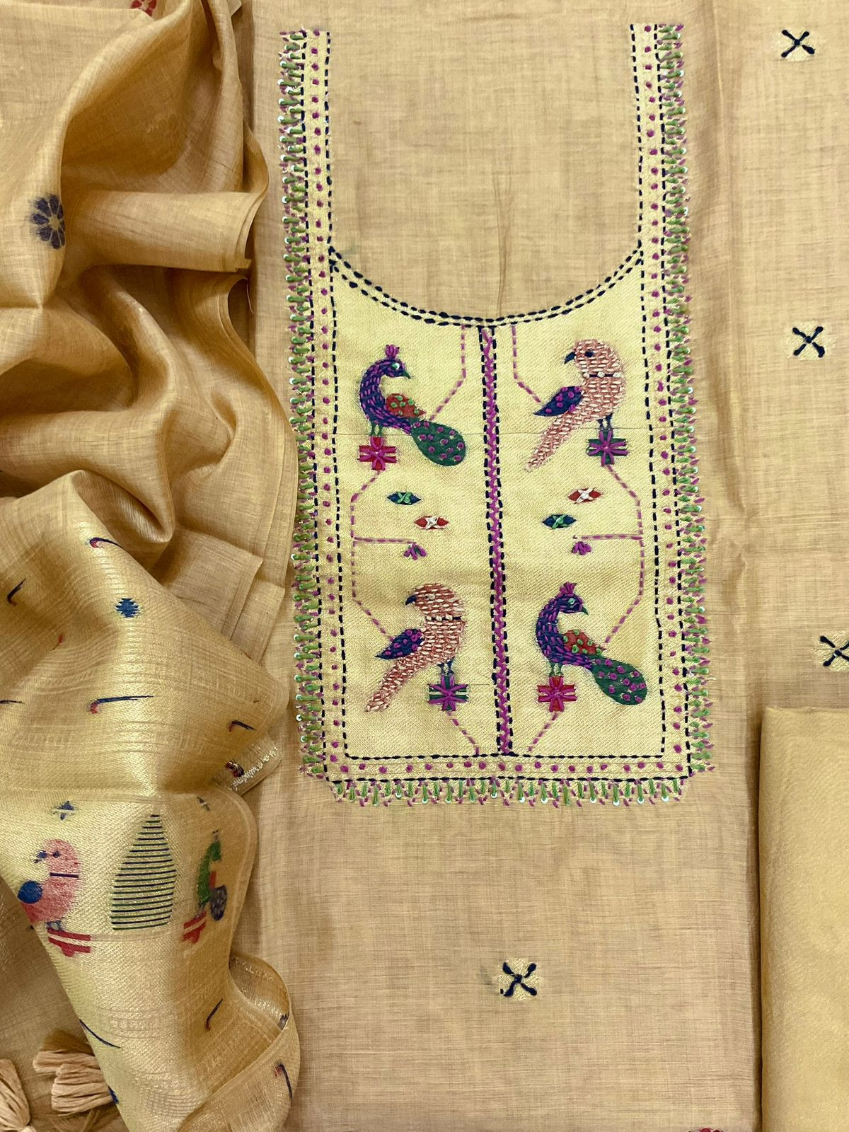 Soft Kora Chanderi Paithani Style Weaved Embroidered Suit - Mustard