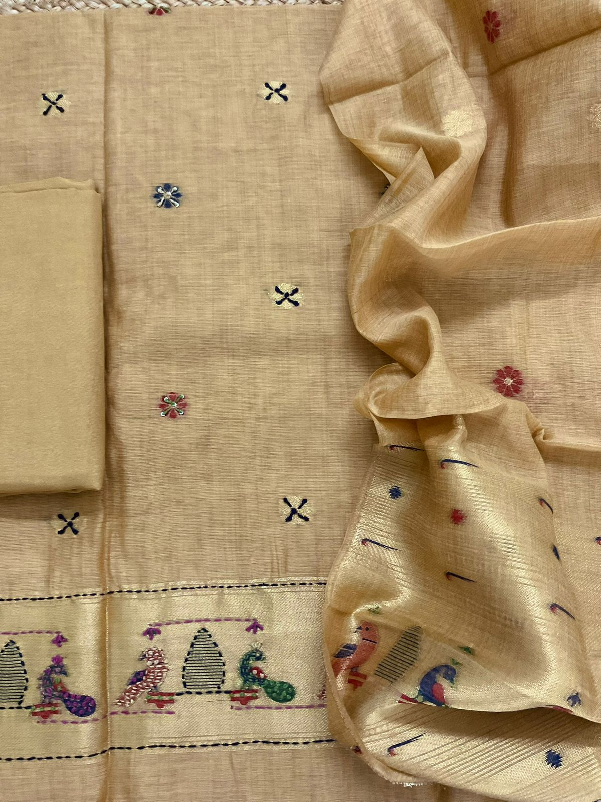 Soft Kora Chanderi Paithani Style Weaved Embroidered Suit - Mustard