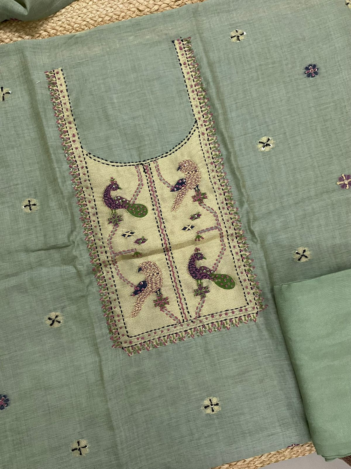 Soft Kora Chanderi Paithani Style Weaved Embroidered Suit - Green