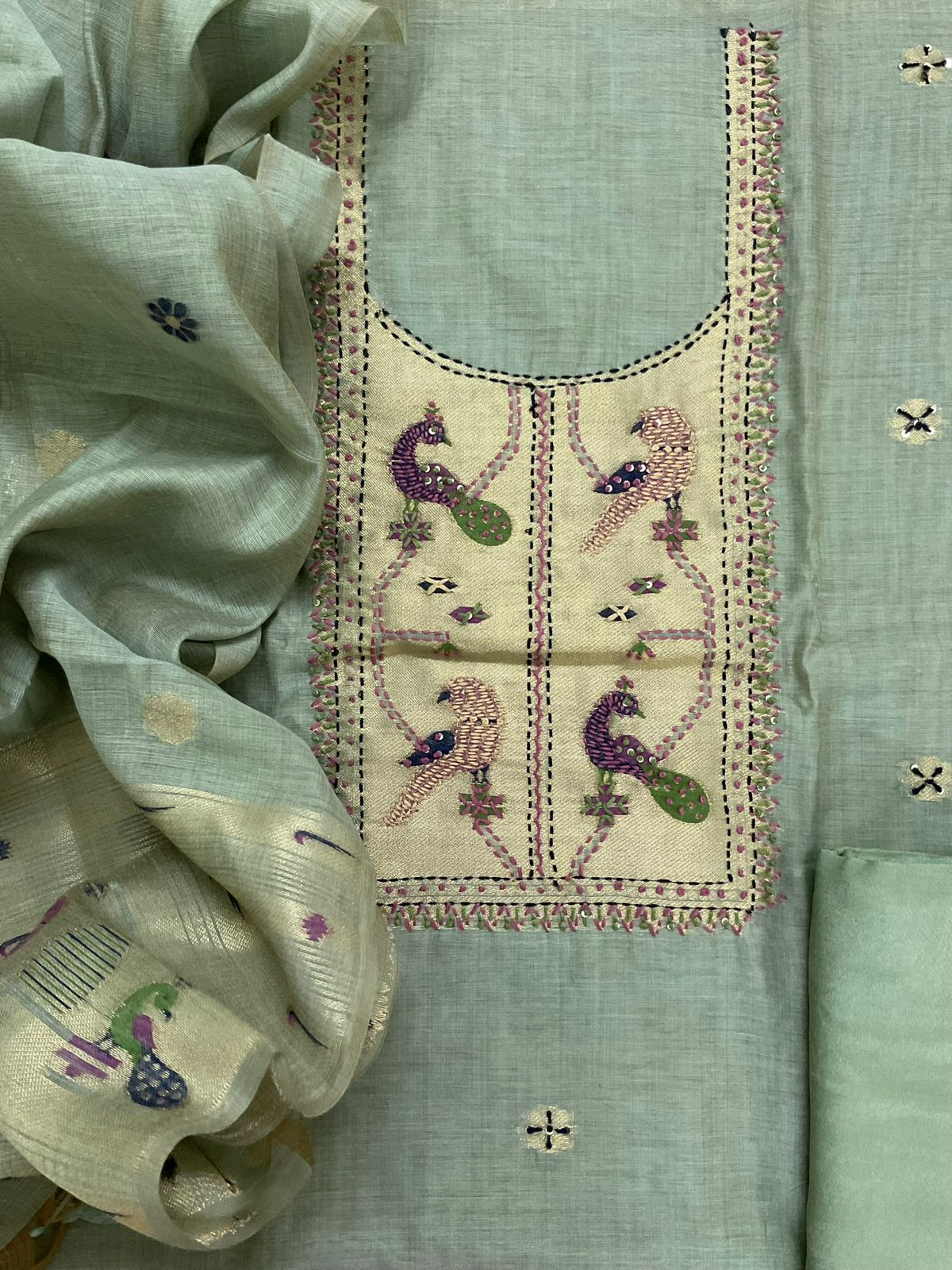 Soft Kora Chanderi Paithani Style Weaved Embroidered Suit - Green