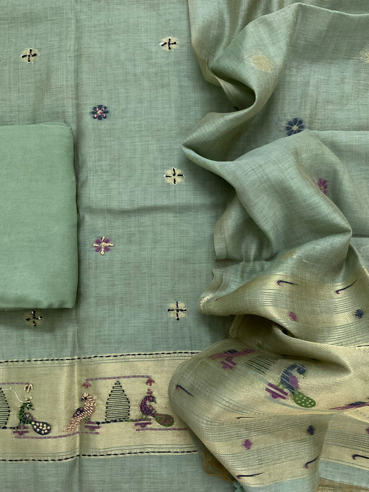 Soft Kora Chanderi Paithani Style Weaved Embroidered Suit - Green