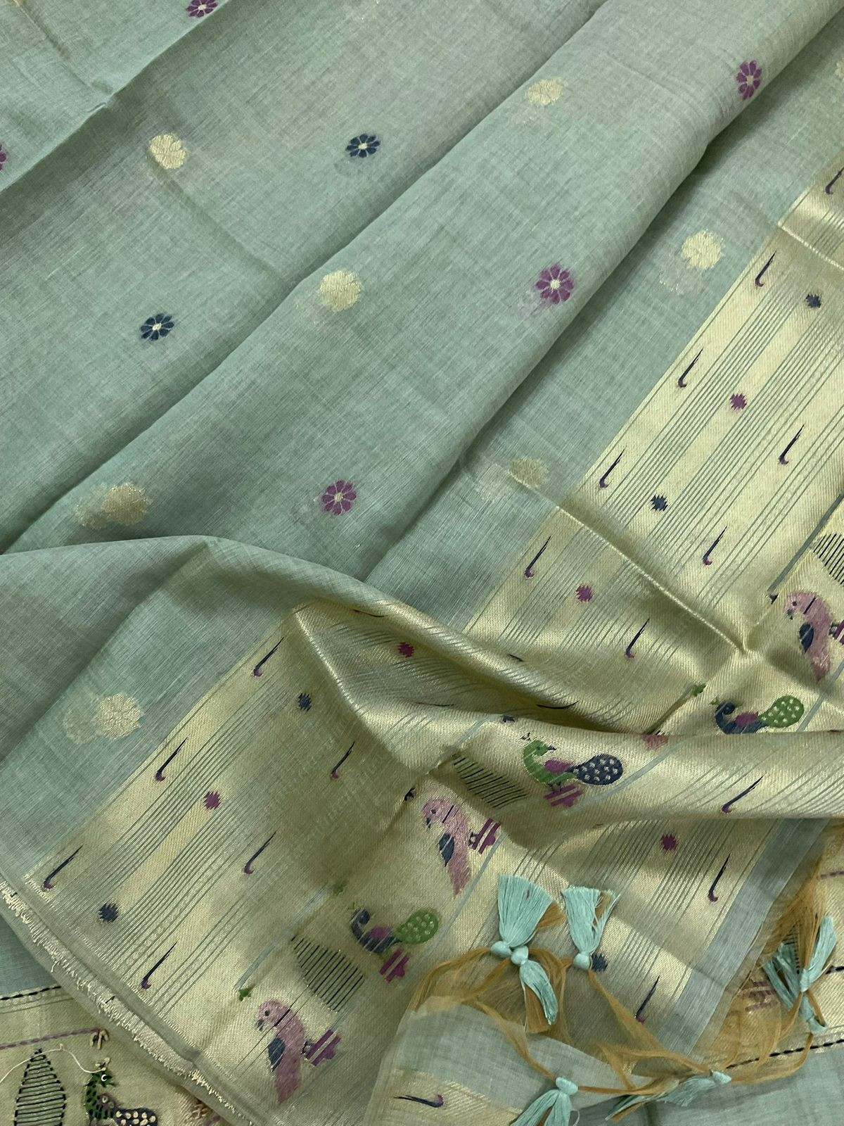 Soft Kora Chanderi Paithani Style Weaved Embroidered Suit - Green