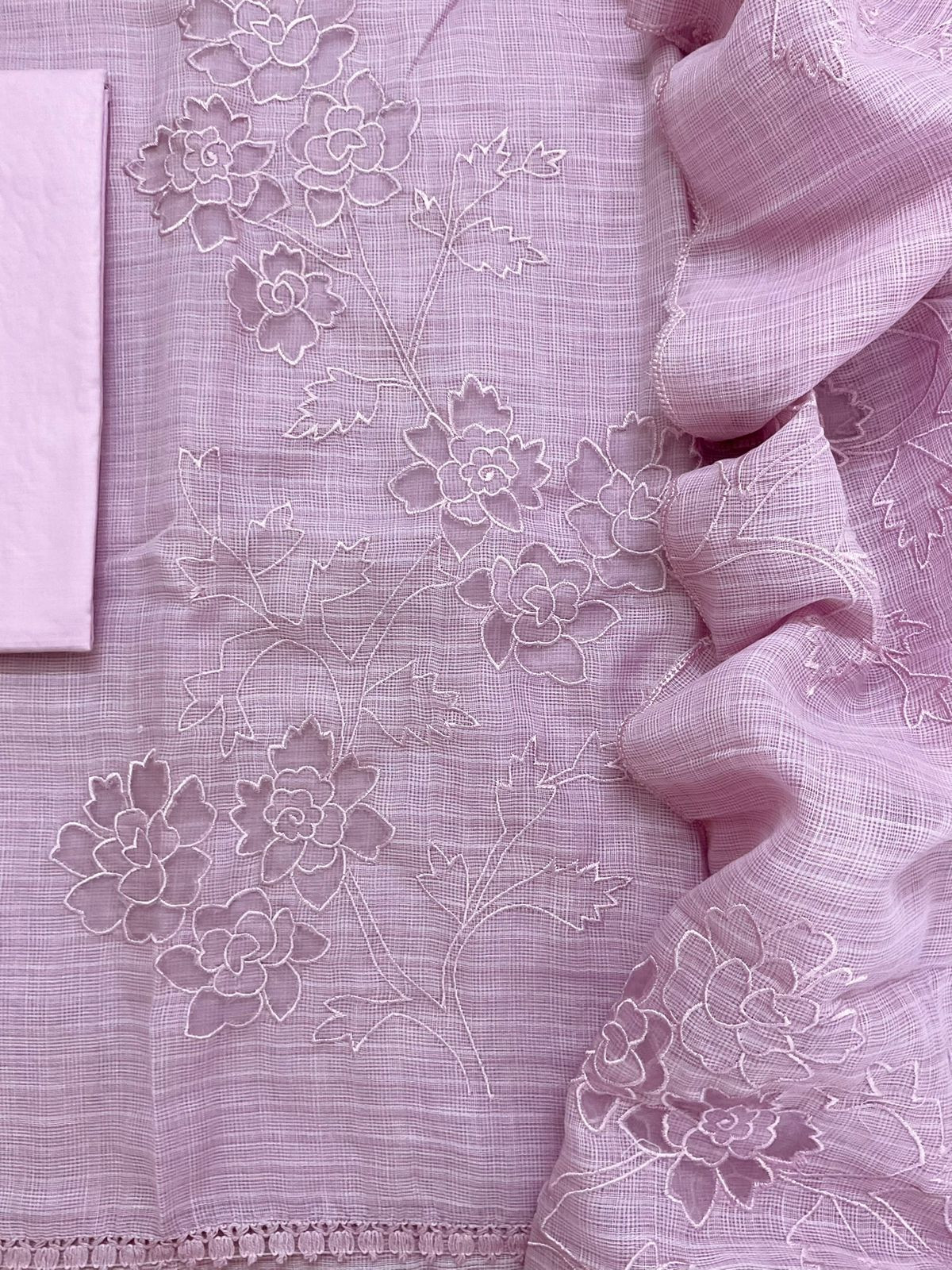 Soft Jute Kota Cotton Embroidered Suit - Light Purple