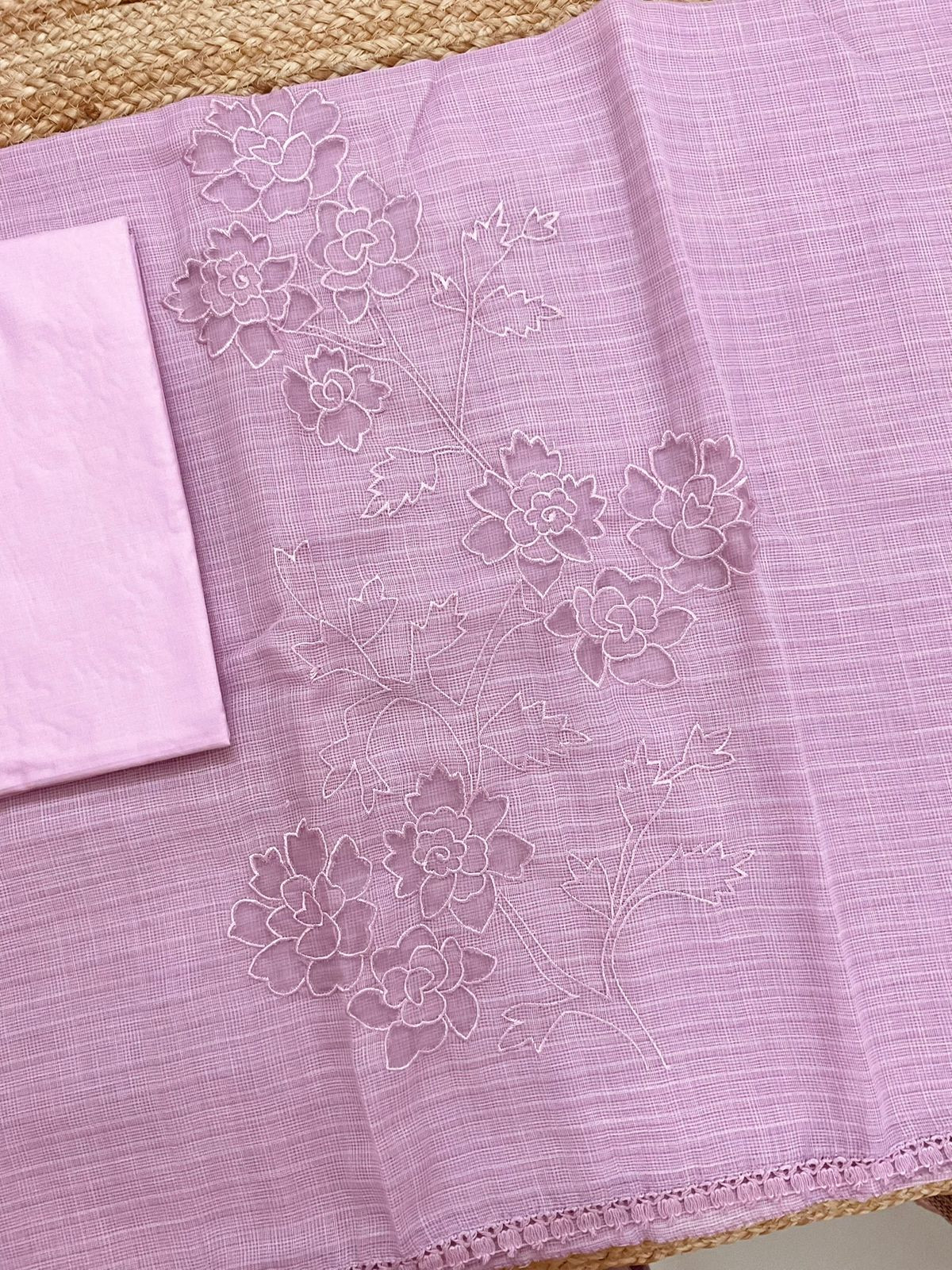 Soft Jute Kota Cotton Embroidered Suit - Light Purple