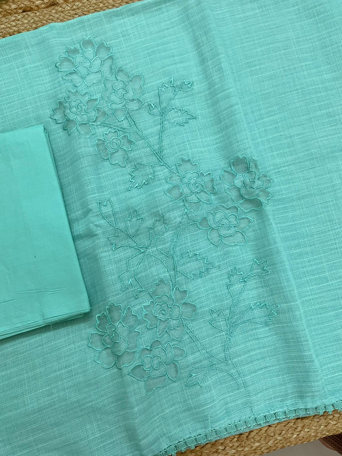 Soft Jute Kota Cotton Embroidered Suit - Blue