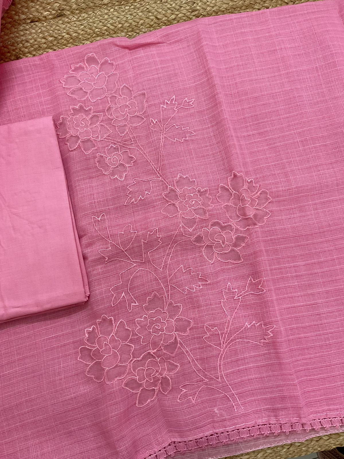 Soft Jute Kota Cotton Embroidered Suit - Pink
