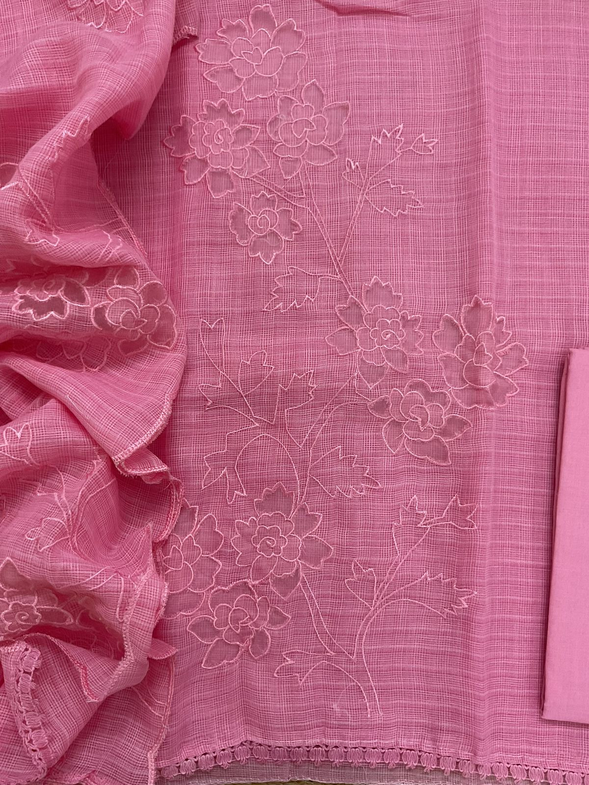 Soft Jute Kota Cotton Embroidered Suit - Pink