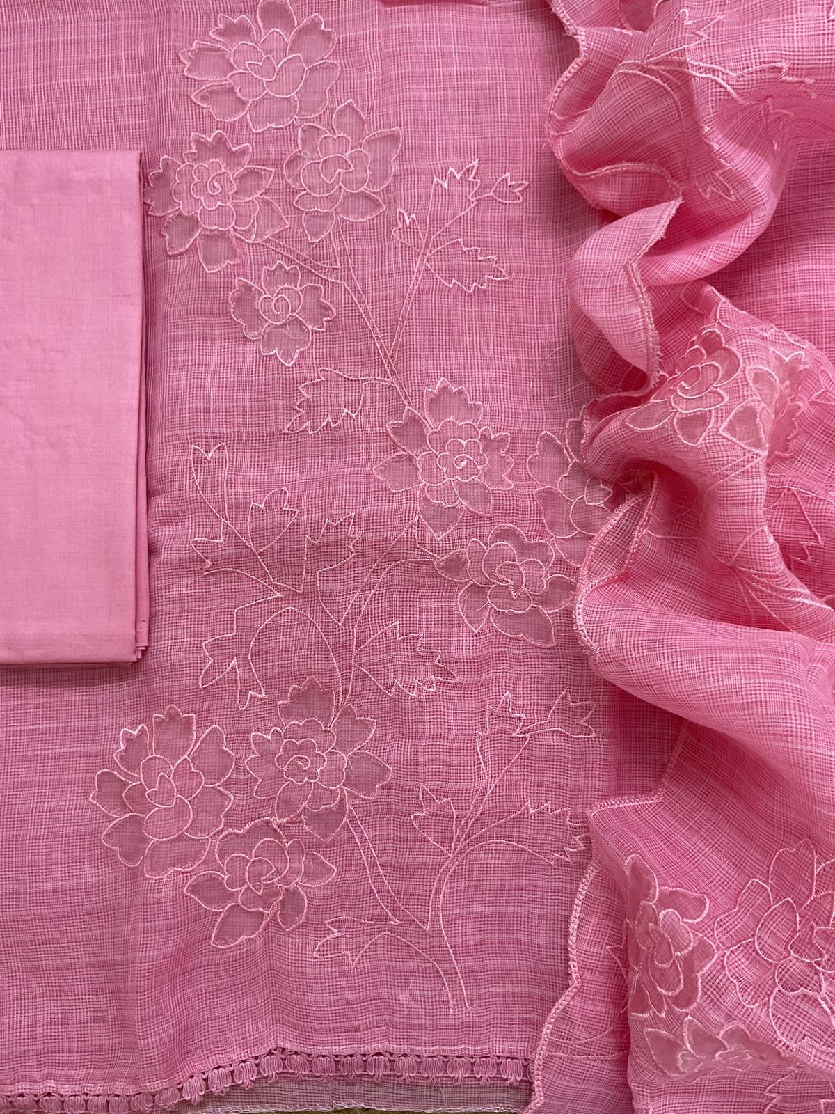 Soft Jute Kota Cotton Embroidered Suit - Pink