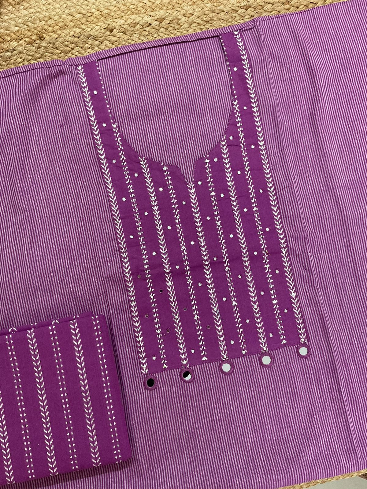 Pure Handloom Cotton Self Weaved Embroidered Suit - Purple