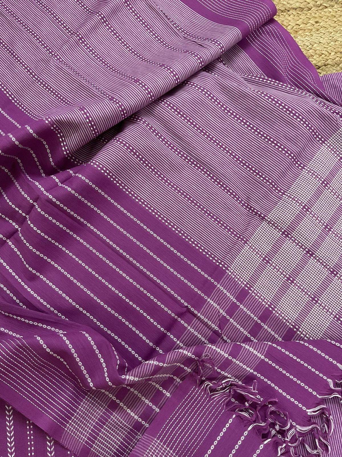 Pure Handloom Cotton Self Weaved Embroidered Suit - Purple