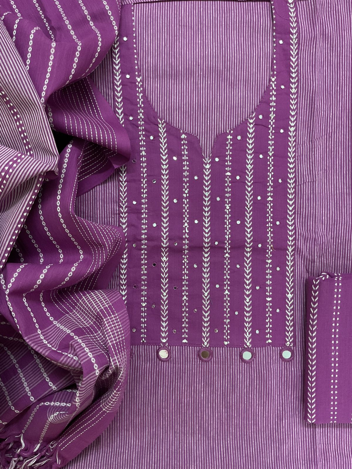 Pure Handloom Cotton Self Weaved Embroidered Suit - Purple