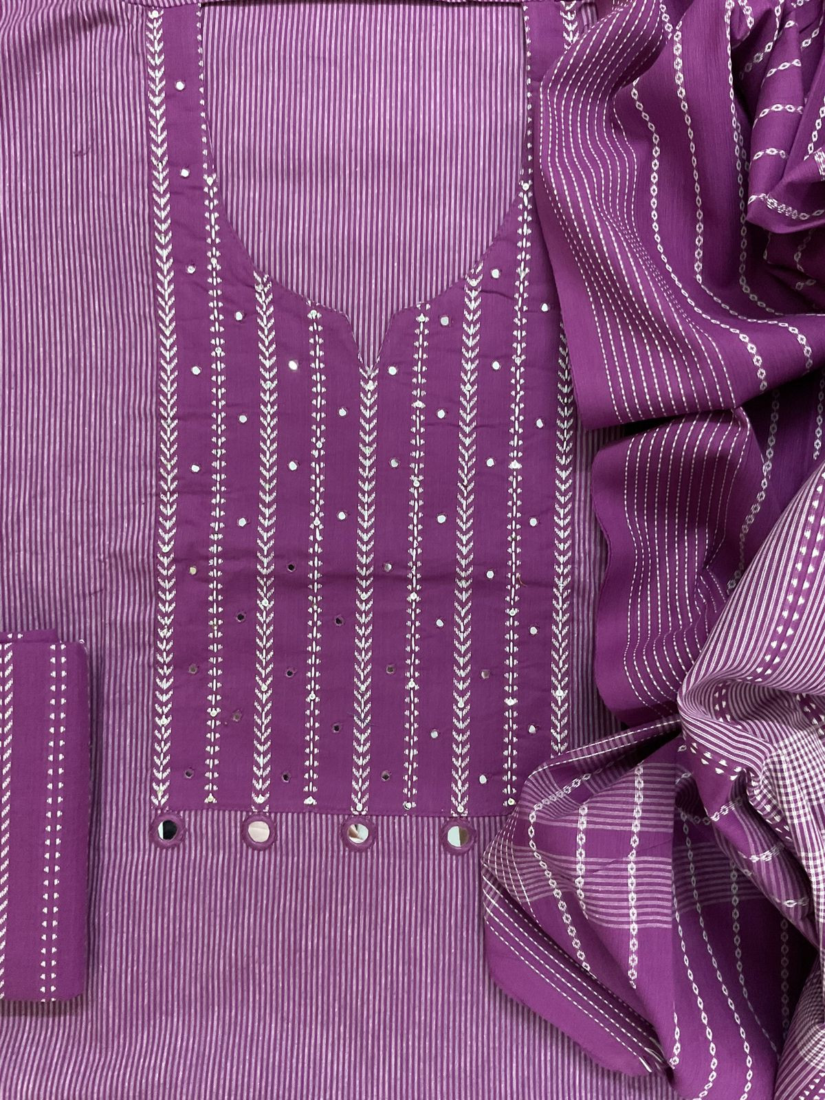 Pure Handloom Cotton Self Weaved Embroidered Suit - Purple