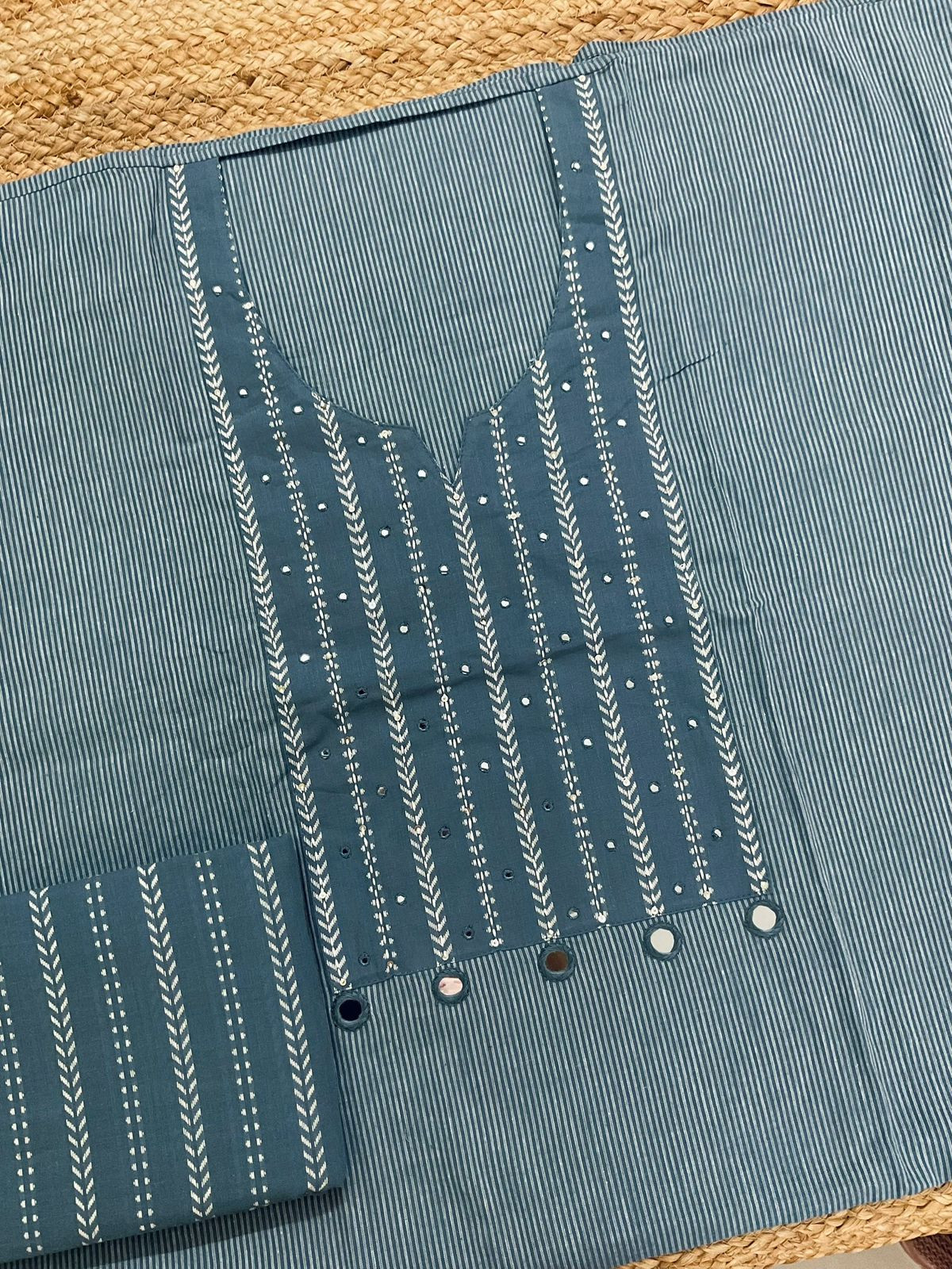 Pure Handloom Cotton Self Weaved Embroidered Suit - Grey
