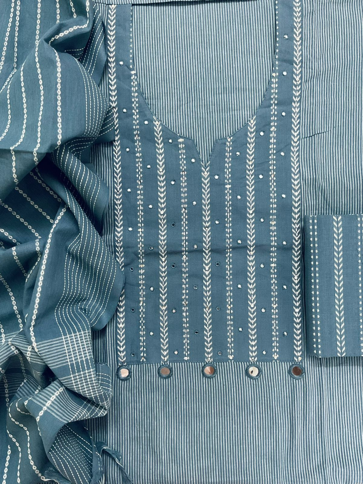 Pure Handloom Cotton Self Weaved Embroidered Suit - Grey