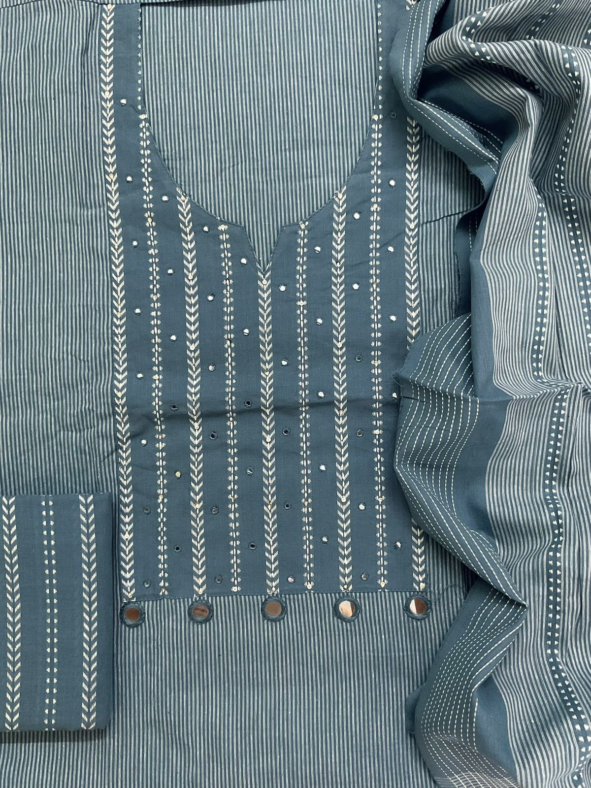 Pure Handloom Cotton Self Weaved Embroidered Suit - Grey