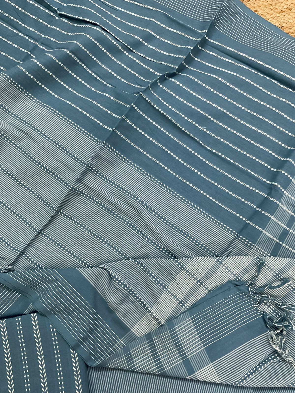 Pure Handloom Cotton Self Weaved Embroidered Suit - Grey