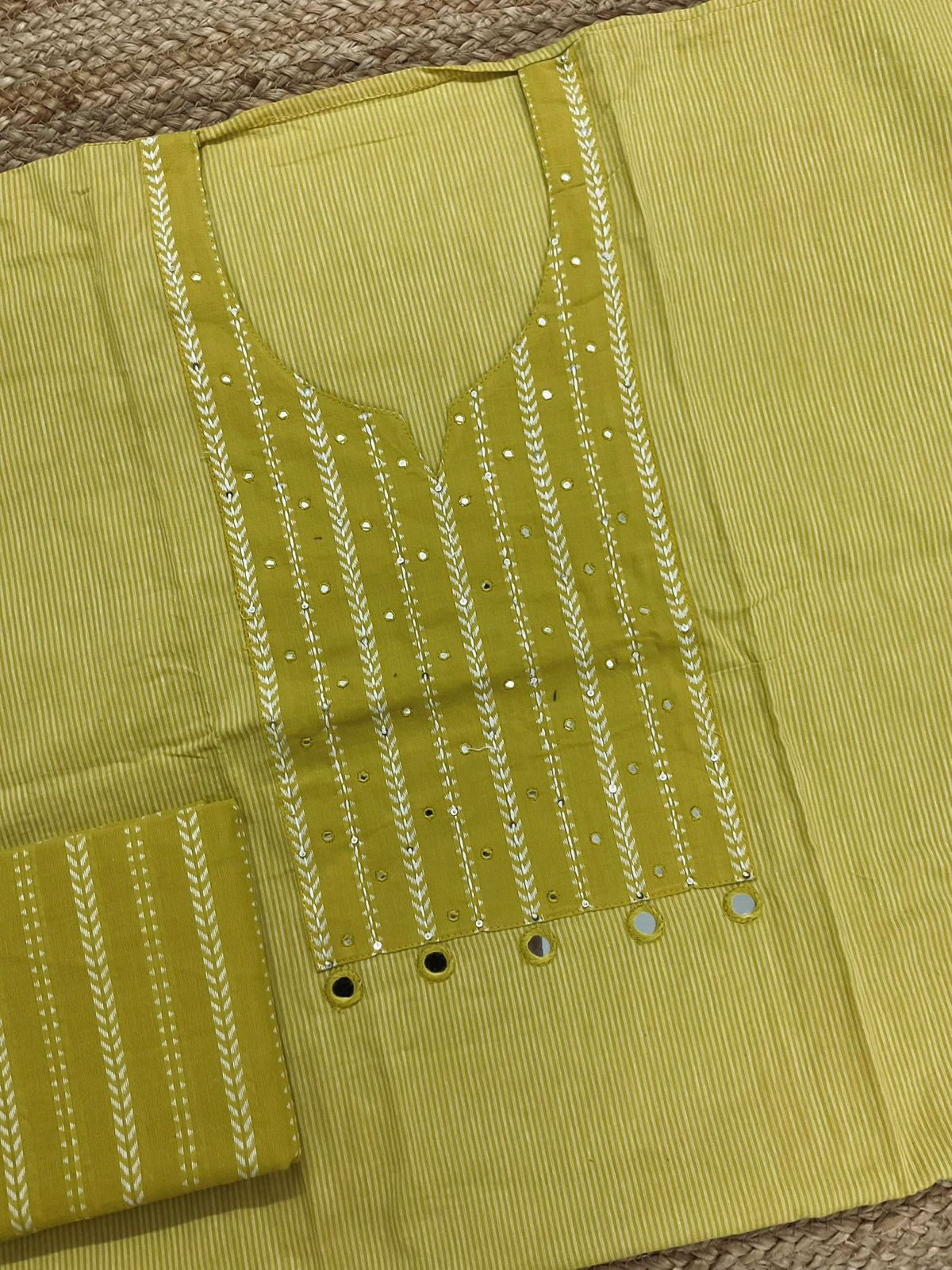 Pure Handloom Cotton Self Weaved Embroidered Suit - Yellow