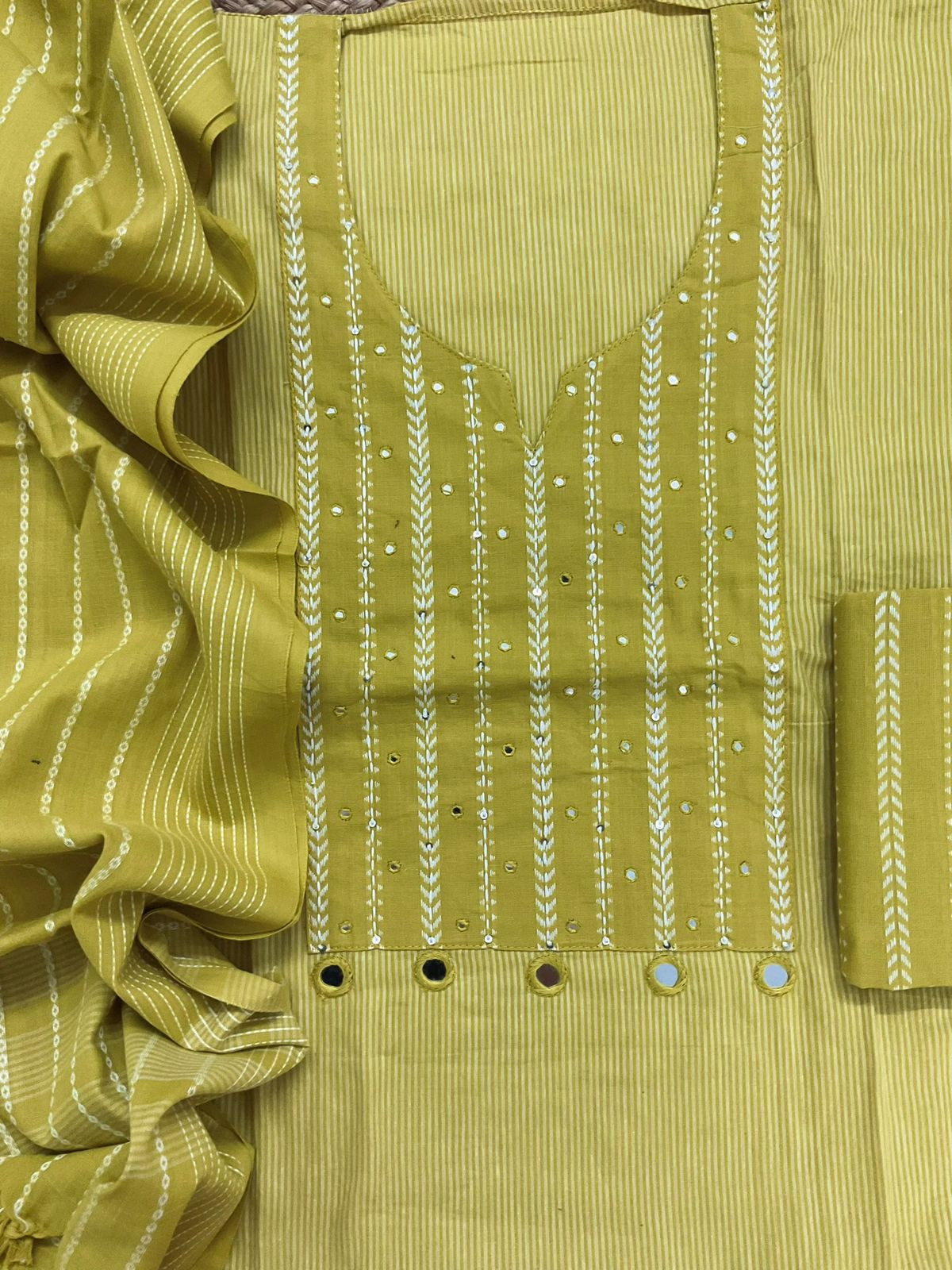 Pure Handloom Cotton Self Weaved Embroidered Suit - Yellow