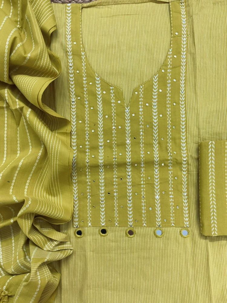 Image of Pure Handloom Cotton Self Weaved Embroidered Suit - Yellow