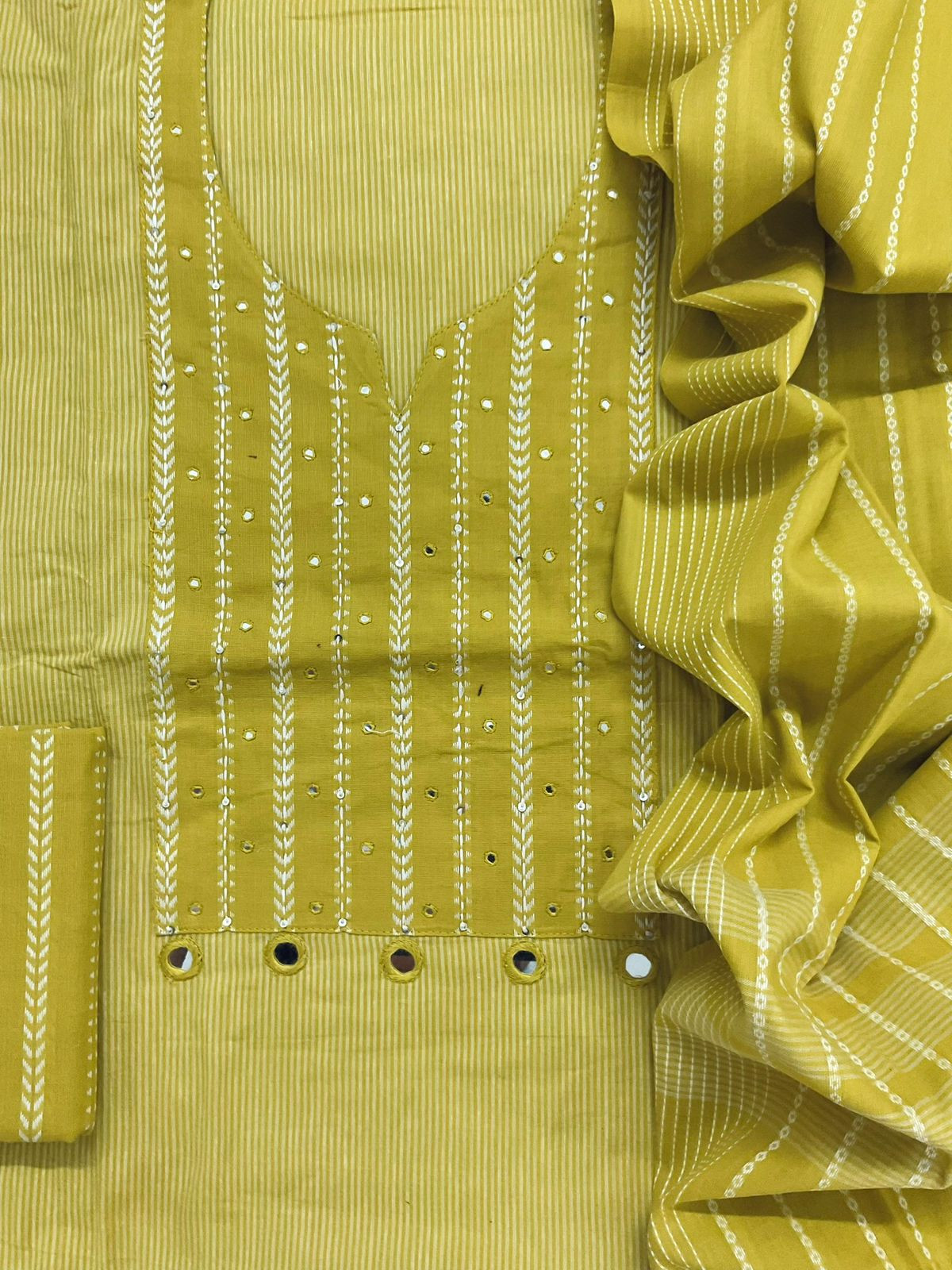 Pure Handloom Cotton Self Weaved Embroidered Suit - Yellow