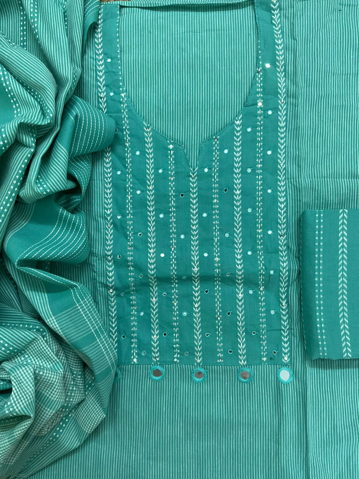Pure Handloom Cotton Self Weaved Embroidered Suit - Green